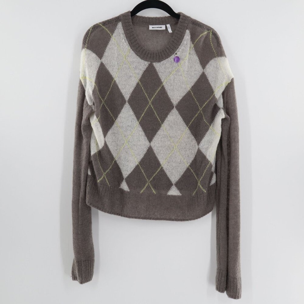 Weekday Argyle Sweater Womens Small Brown Wool Open Knit Light Academia - Picture 10 of 16